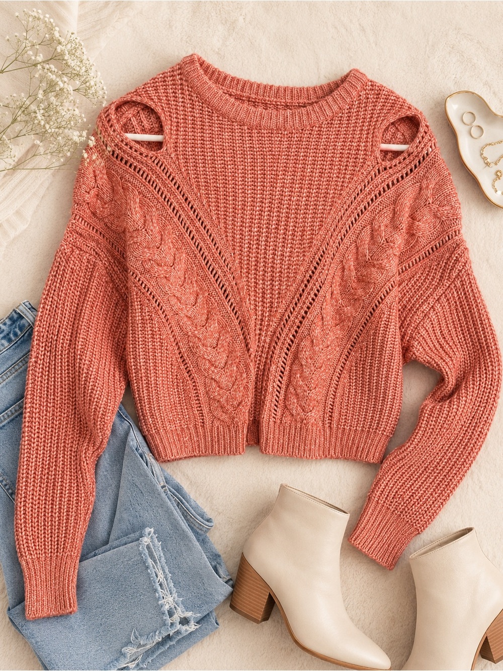 Express Coral Pink Cable Knit Cropped Sweater Size M